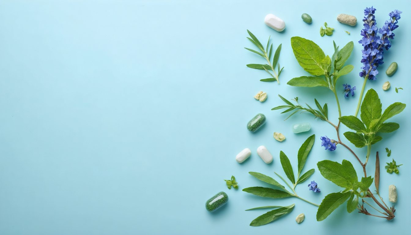 Natural remedies for potency concept with herbs, healthy foods, and a medical stethoscope on a wooden table